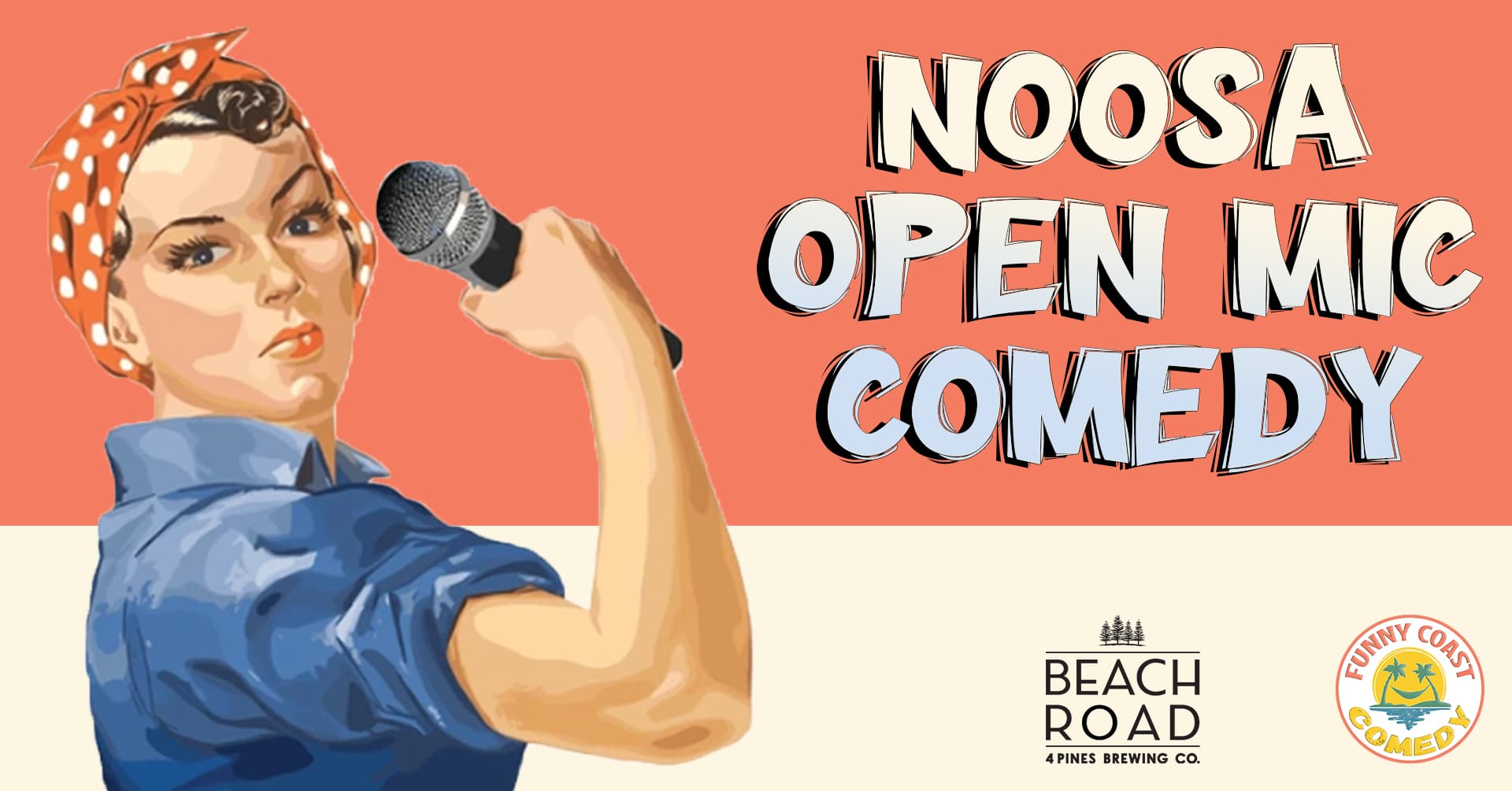 Ist möglicherweise ein Bild von Text „NOOSA OPEN MIC COMEDY 星師 BEACH ROAD 4PINES BREWING 4PINESBREWINGCO cO. co. BHNY CORSA COMED“