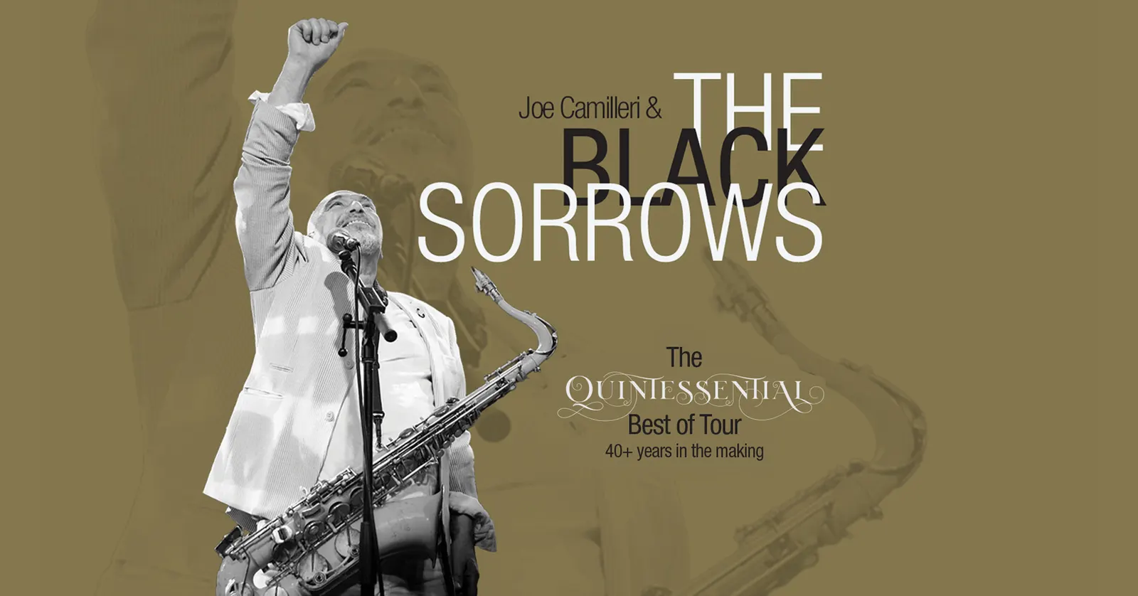 Ist möglicherweise eine Grafik von Musikinstrument und Text „JoeCamilleri& Jo.Camilei&THE THE SORROWS QUINTESSENTL BestTour Best ofTour Tour 40+ +yearsinthemaking earsir yearsinthe making“