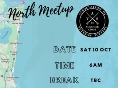Ist möglicherweise ein Bild von Karte und Text „North ก้ดอสา arpRegih ryy PpuM Meetup Sunrise Beach VETERAN MEINAN COAST INSHINE URILAS N OF MarcuBeach Beath Marcus Peregran Beach Peregian Springs DATE SAT10OCT OCT Conlam CoolamBeach Beach TIME 6AM BREAK TBC“