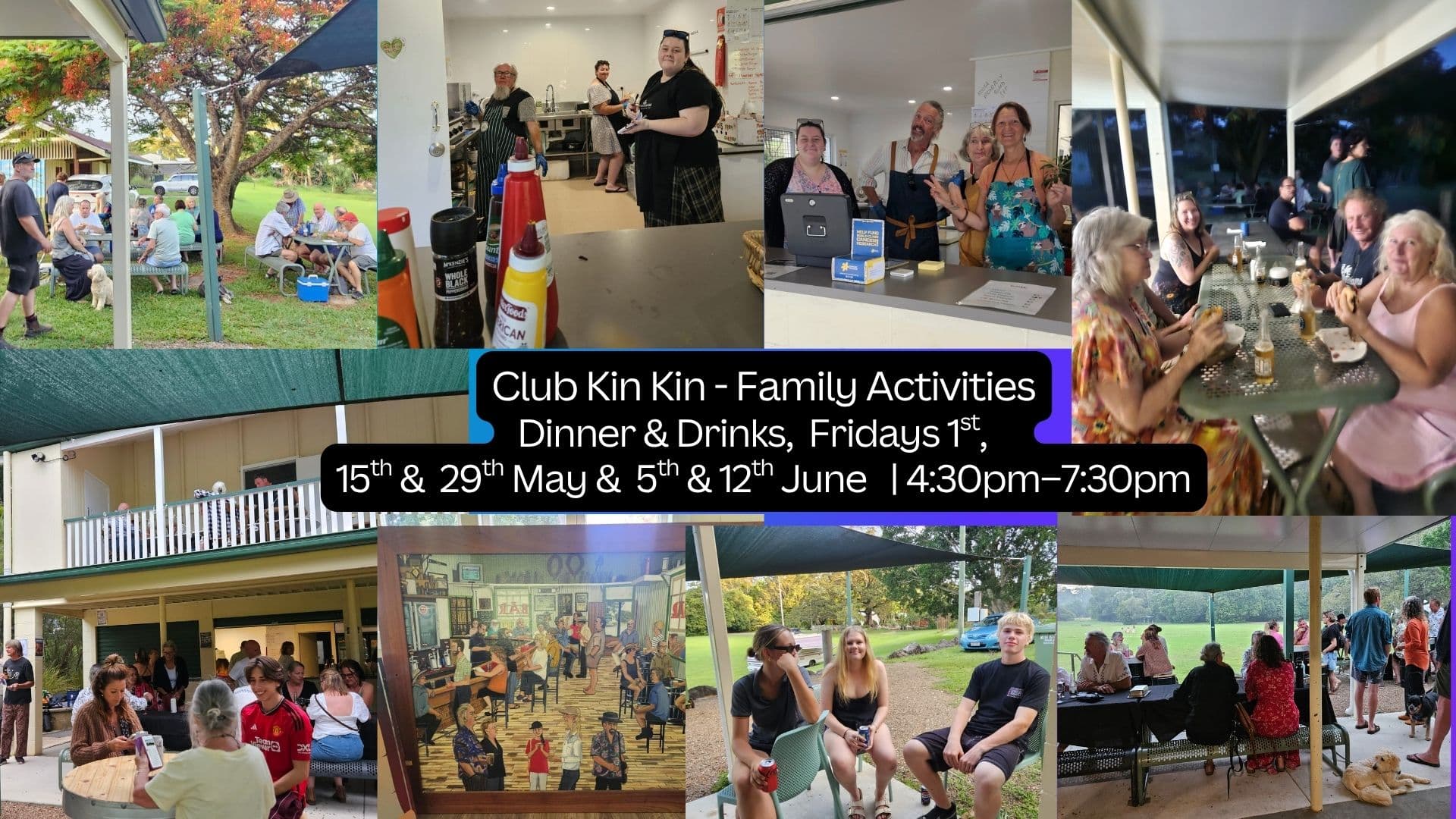 Ist möglicherweise ein Bild von &lrm;Text „&lrm;Club Kin Kin Family Activities Dinner & Drinks, Fridays 1st 15th& 15h&29M & 29th May & 5t &12th & 12th June 4:30pm-7:30pm کا ምንወን חאש 20 ooфиpиc&lrm;“&lrm;
