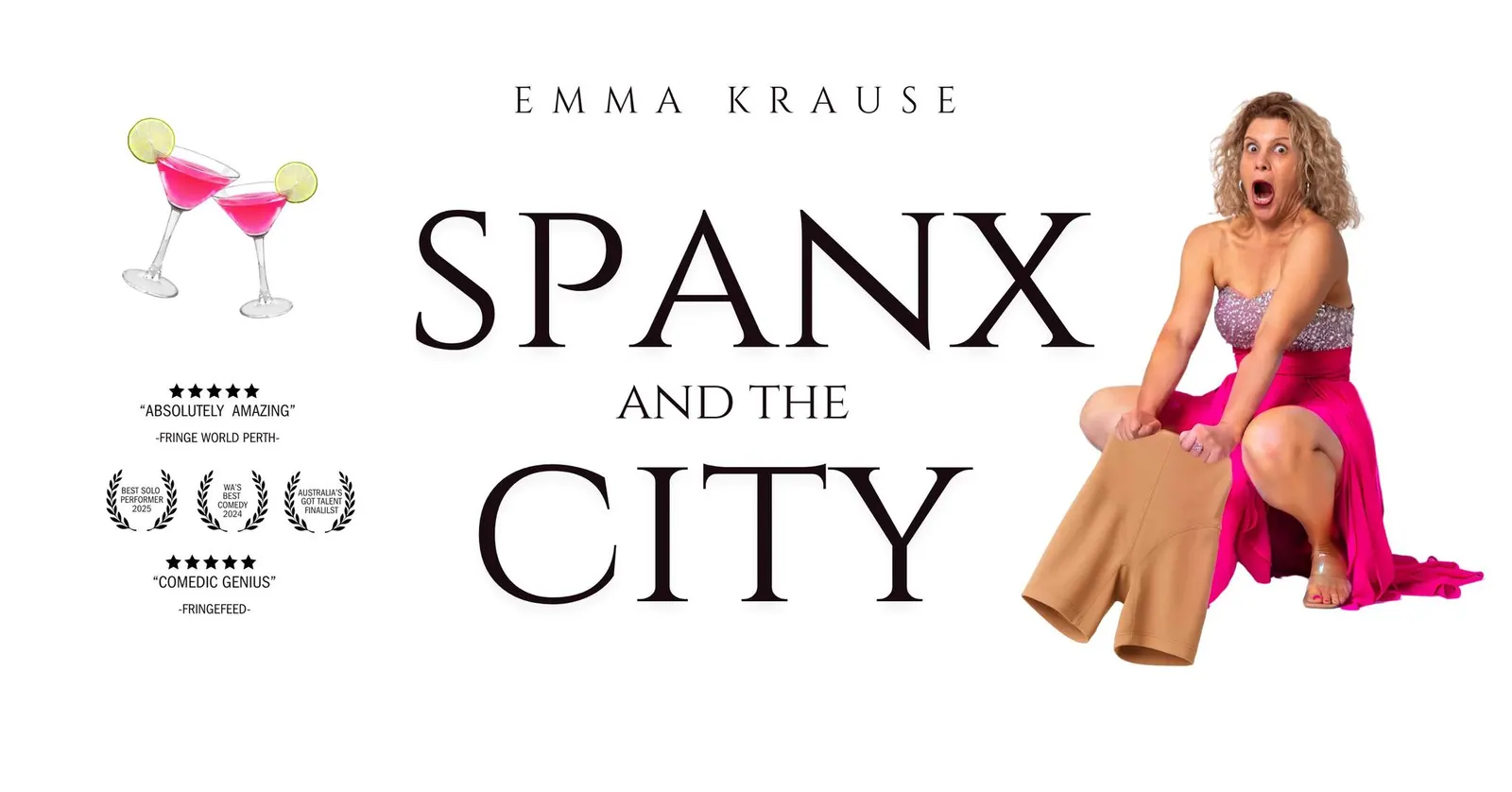 Ist möglicherweise ein Bild von Text „EMMAKRAUSE MMA KRAUSE "ABSOLUTELY 本喜 * AMAZING" FRINGE FRINGEWORLDPERTH- FRINGE WD ORL RLDI FERTH- L "COMEDIC "COMEDICGENIUS GENIUS" -FRINGEFEED- SPANX AND THE CITY“