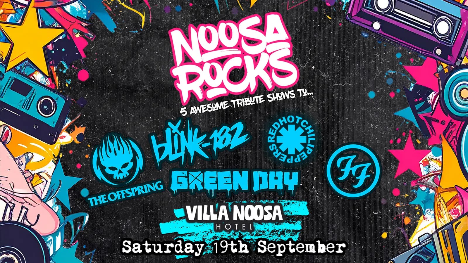 Ist möglicherweise ein Bild von &lrm;Text „&lrm;NOOSA ROCKS TQ... 5 AWESOME TRIBUTE SHOWS س 樂は2 SHaddE THE THEOFTSPRING GXEEN 4אבן VILL'A VILLANOOSA NOOSA HOTE Saturday 19tl Saturday19thSer September Hy&lrm;“&lrm;