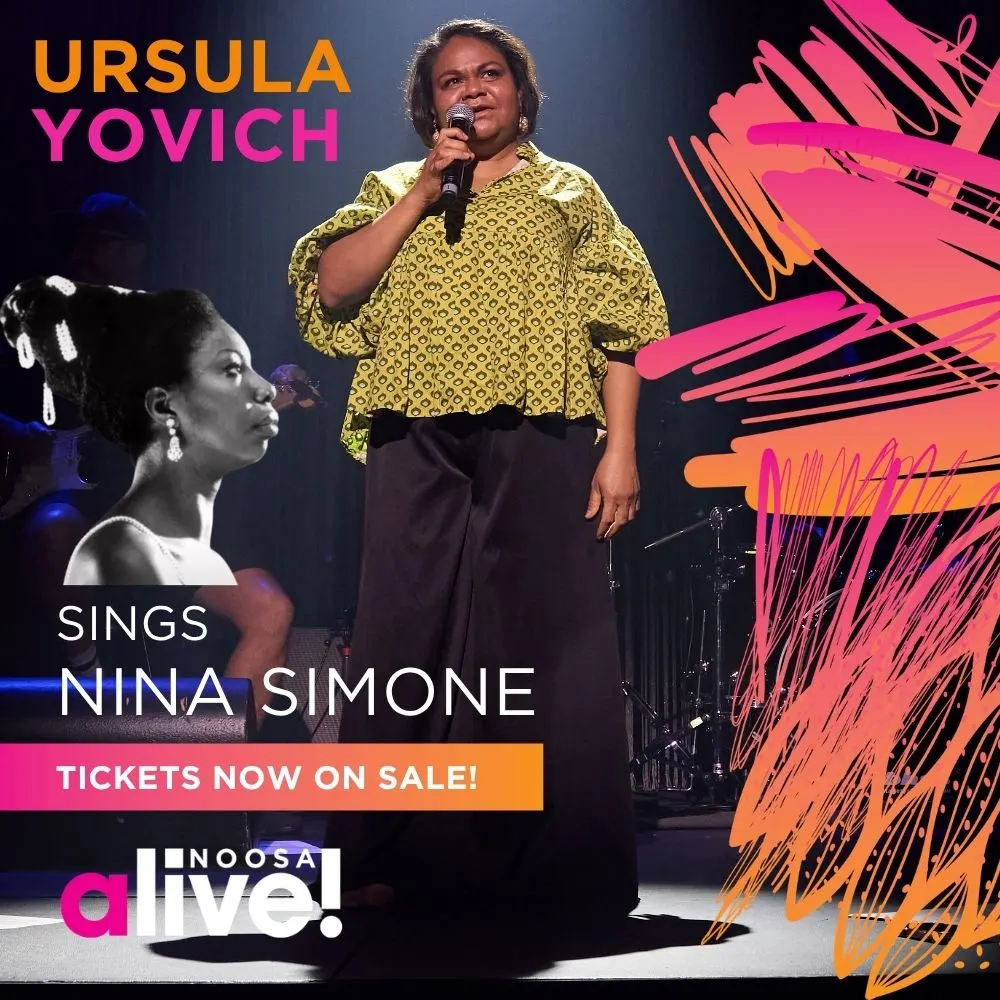 Ist möglicherweise ein Bild von Text „URSULA YOVICH ミ月 SINGS A SIMONE TICKETS NOW ON SALE! alive! NOOSA“