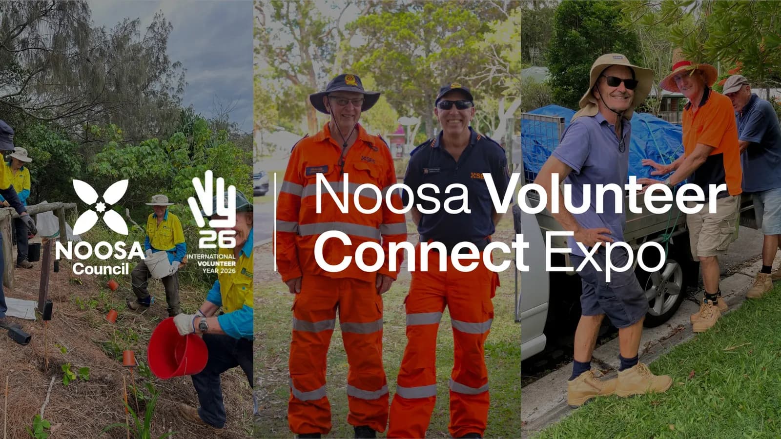 Ist möglicherweise ein Bild von Text „NOOSA Council N4 26 INTERNATION IONAL VOLUNTEER YEAR YEAR2026 Noosa Volunteer Connect Expo“
