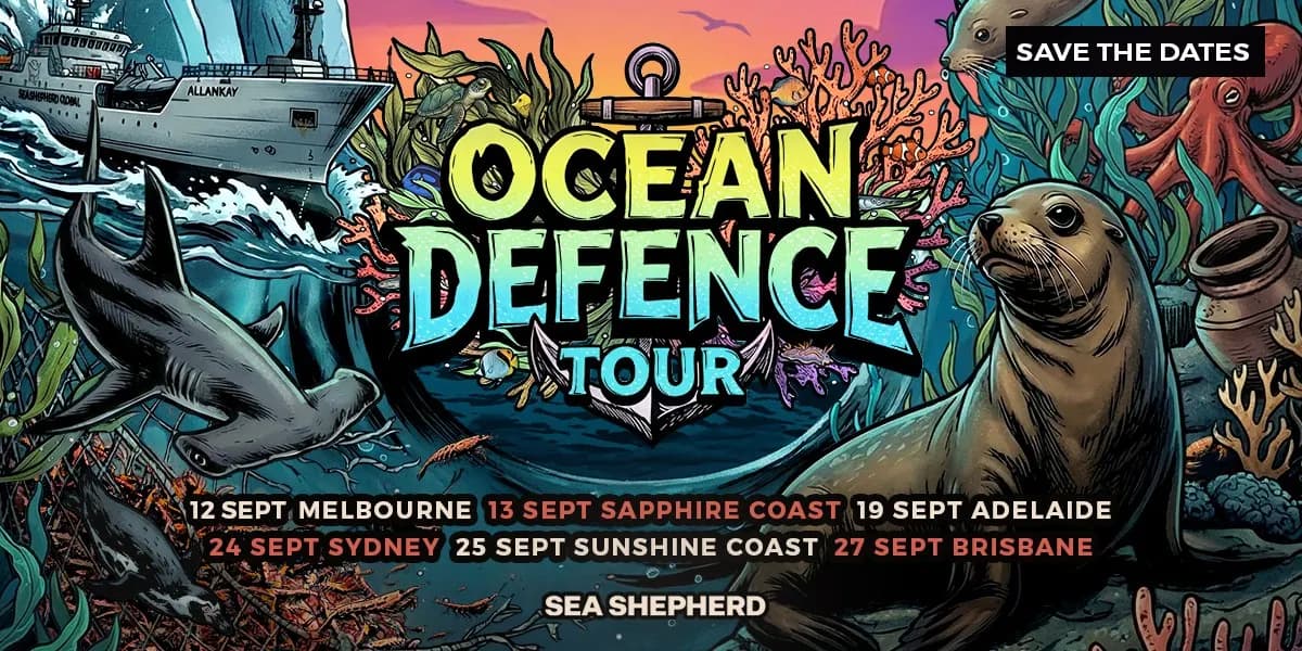 Ist möglicherweise ein Bild von Text „ALLANKAY SAVE THE DATES 0010 OCEAN DEFENCE TOUR 12 12SEPT SEPT MELBOURNE 13 SEPT SAPPHIRE COAST 19 SEPT ADELAIDE 24 SEPT SYDNEY 25 SEPT SUNSHINE COAST 27 SEPT BRISBANE SEA SHEPHERD“