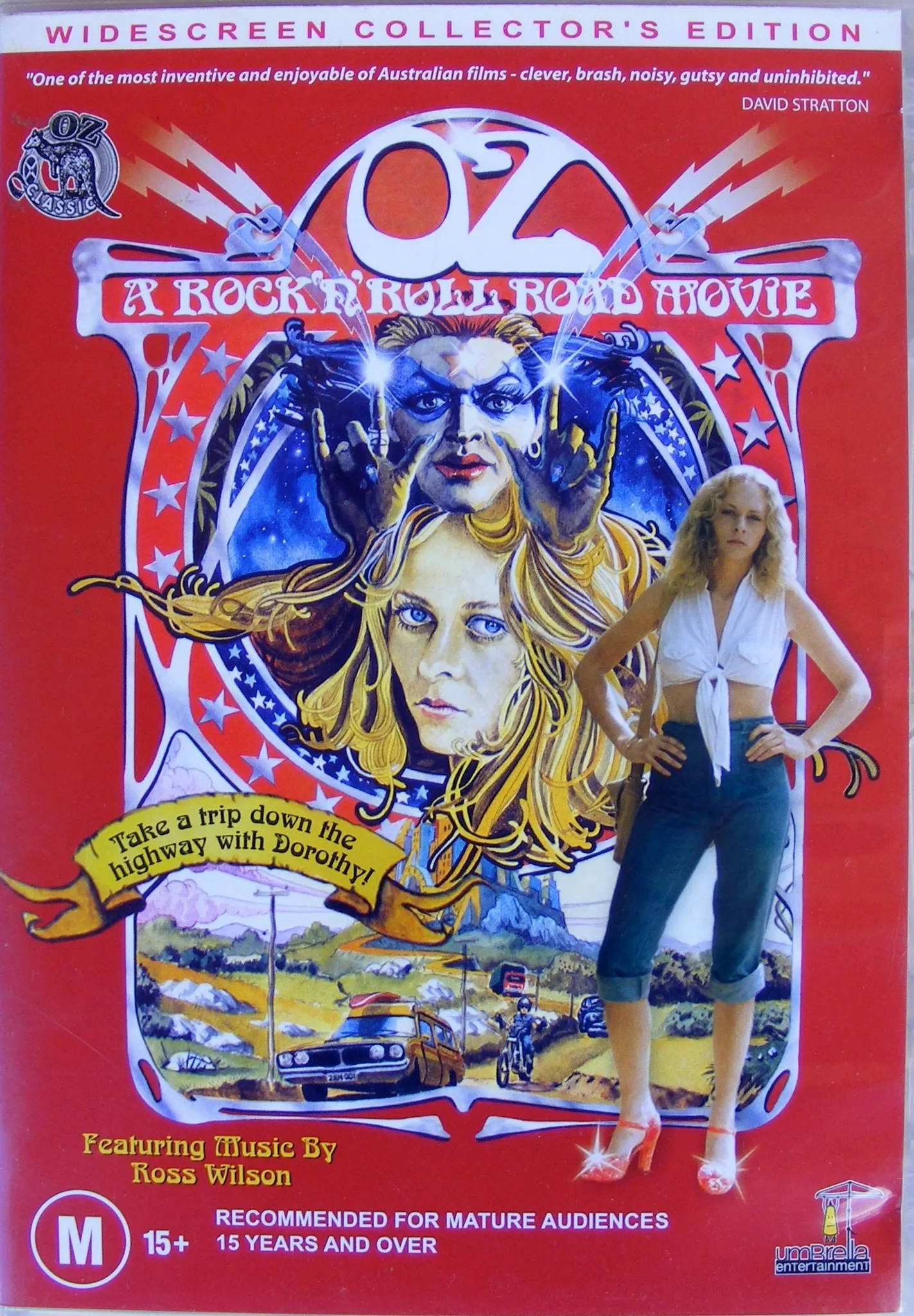 Ist möglicherweise Pop-Art von &lrm;Text „&lrm;WIDESCREEN "One fthe most inventive and COLLECTOR'S njoyable of Australian films clever, brash, noisy, gutsy and uninhibited." DAVIDSTRATTON DAVID EDITION ASSIC AR BOCKR BOLL ලවය්ව HOVIE (ید Take a trip down Dorothy! the highway with 기 けン Featuring Music By Ross Wilson RECOMMENDED FOR MATURE AUDIENCES 15 YEARS AND OVER 15+ M umBrela enTertainment&lrm;“&lrm;